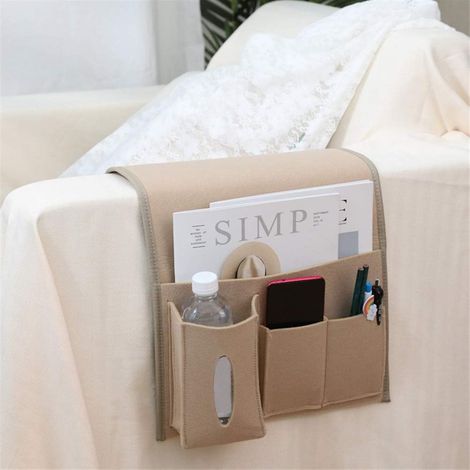 Organizer da bracciolo con cinturino in velcro, borsa da comodino appesa, tasca per divano letto, organizer per libri, telefono e occhiali, beige