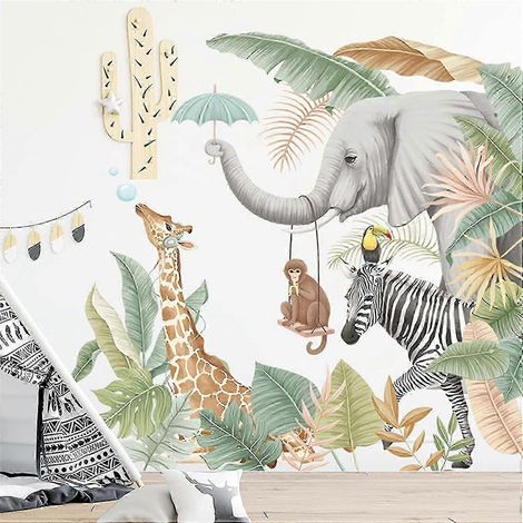 Stickers muraux Forêt tropicale Girafe Éléphant Singe Zèbre pour chambre, salon, chambre d'enfant, maternelle, décoration de fenêtre, porte, placard, couloir (1/5)