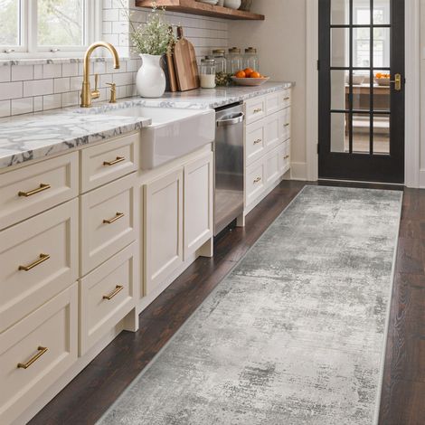 Tapis Couloir Résumé 80x300cm Lavable en Machine AntidéRapant Poil Ras, pour Chambre Salle a Manger Descente de Lit Bureau, Cuisine, Gris (1/5)