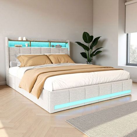 Letto 140x190 cm - USB e Type-C - LED - Tessuto in lino - struttura letto matrimoniale 140x190 cm - Beige