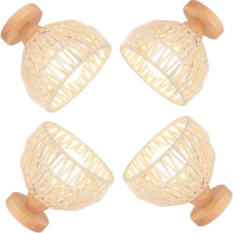 Lot de 4 Plafonnier Vintage en Cage,Suspension Luminaire Industriel Lampe de Plafond en Bois Rotin Blanc Style (1/5)