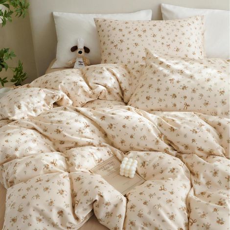 Bettwäsche-Set 135x200cm 4-teilig Baumwolle Khaki Blumenmuster mit Reißverschluss