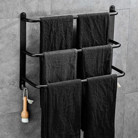 Portasciugamani a 3 ripiani in acciaio inox senza foratura, portasciugamani per bagno, cucina e WC, nero (1/5)