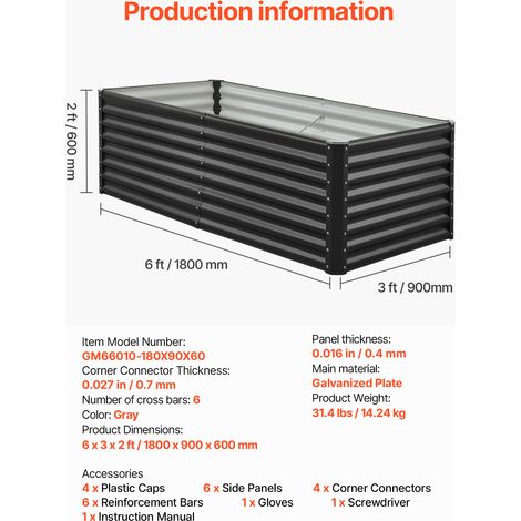 VEVOR Metal Raised Garden Bed, 6 x 3 x 2 ft Outdoor Galvanized Planter Garden Box, Open Bottom Design, Large Planter Raised Bed for Growing Vegetables, Flowers, Herbs, and Succulents, Dark Gray (1/4)