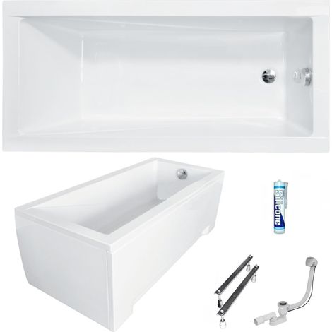ECOLAM Baignoire rectangulaire acrylique blanche moderne 130x70 cm  Tablier acrylique  Pieds siphon et silicone  Petite baignoire  Set complet (1/5)