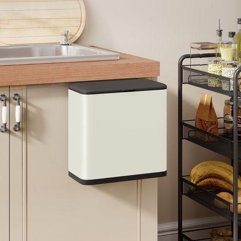 8L Kitchen Hanging Bin with Lid, Removable Inner Bucket for Cabinet Door, Under Sink, Office - Cream Color