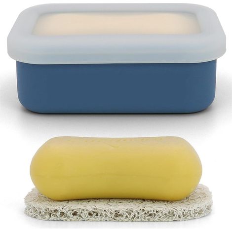 Portasapone da viaggio compatto e impermeabile, contenitore per sapone in silicone, portatile con strato di drenaggio per bagno e palestra (blu) (1/5)