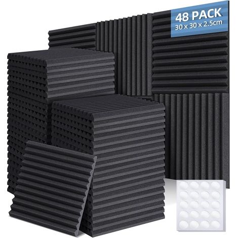 48 Pack Acoustic Foam Panels with Stickers, 30 x 30 x 2.5 cm Acoustic Foam Wall Insulation for Recording Studio, Podcasts, Game Decor, Black (1/5)