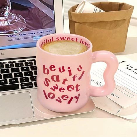 1 Mug en céramique,350 ml,design ondulé rose,poignée ergonomique,café thé bureau maison (1/5)