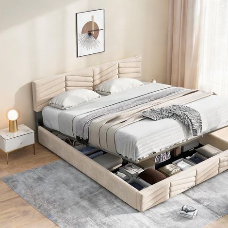 Cadre de lit beige en velours (1/5)