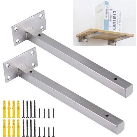 GENERIC-Supports Equerre Etagere 25 cm, 2 Pièces Equerre Industrielle Etagere Murale Fixation Invisible Supports Vintage Equerre Murale Equerre Metallique Bricolage Argent avec Vis (1/5)