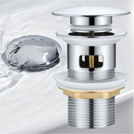 Piletta di scarico per lavabo con troppopieno e pulsante di scarico in ottone cromato.