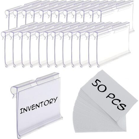 FENOPLASTICALot de 50 étiquettes pour bacs de rangement, clip d'étiquette en plastique, étiquettes de panier à clipser sur étagère métallique, support d'étiquette de prix (2,76 x 1,65 pouces) (1/4)