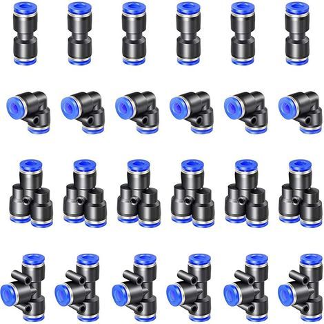 24 pcs Bleu Raccords Rapides pneumatiques, Raccords Rapides Pneumatiques Tuyau Pneumatique Connecteur 4 Formes, Droits Type/Coudés Type/Y Type/T Type/Combo Connecteur Pneumatique(12mm) (1/5)
