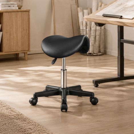 Chaise de Bureau à Roulettes, Tabouret de Selle Réglable, Pivotant 360°, pour Salon, Studio, PU, Noir (1/5)