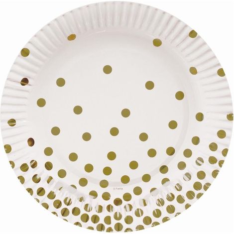 Platos de papel blancos con lunares dorados de 18 cm, 6 unidades