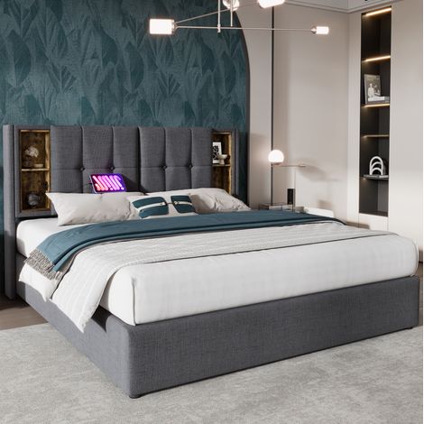 Cama con almacenaje 180x200 con carga inalámbrica, USB-C, gris OKMYHOME (1/5)
