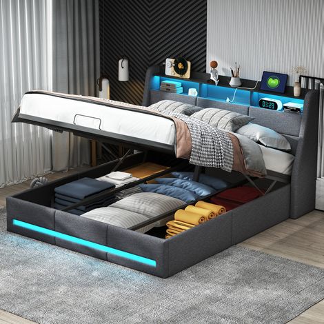 Blanketswarm – Lit coffre 140x200 cm avec rangement – Tête de lit avec éclairage LED réglable – Sommier inclus – MDF gris (1/5)