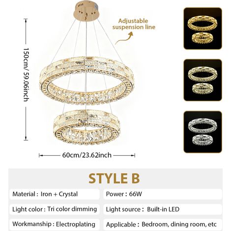 Moderne LED Doppelring-Hängeleuchte Gold, Kristall-Design, 3 Farbtemperaturen, Luxus-Deckenleuchte für Wohn- und Esszimmer