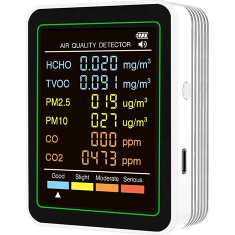 6-in-1-Luftqualitätsmessgerät, das PM2,5, PM10, CO, TVOC und HCHO messen kann und für verschiedene Anwendungsbereiche geeignet ist.