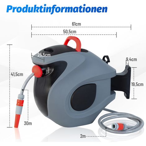 Enrouleur de Tuyau Automatique 30 m avec Buse 9 Fonctions, Support Mural Pivotant 180°, Gris/Rouge