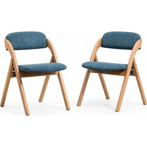 Lote de 2 sillas plegables de comedor de madera con asiento tapizado y funda extraíble, azul (1/5)