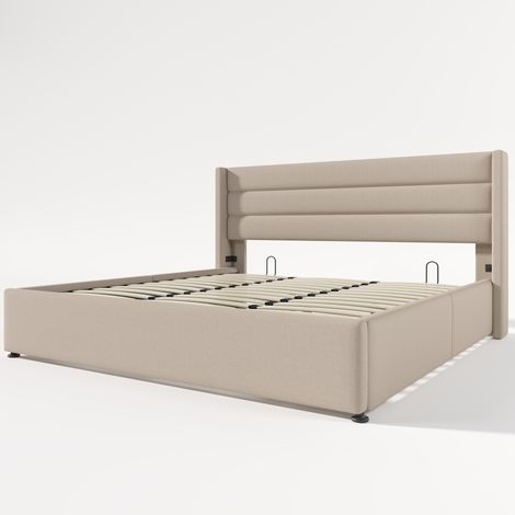 Cama doble hidráulica beige de 180 x 200 cm con somier de láminas de madera y espacio de almacenaje, ideal para niños y adultos (sin colchón). (1/5)