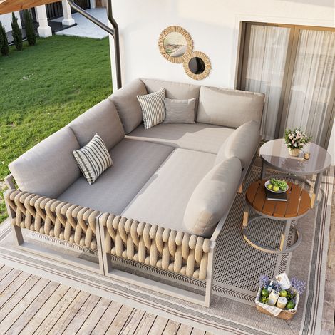 Conjunto de Jardín de 6 Plazas en Olefinas con 2 Mesas, 3 Sofás y Cojines Gruesos Fijos, Beige (1/5)