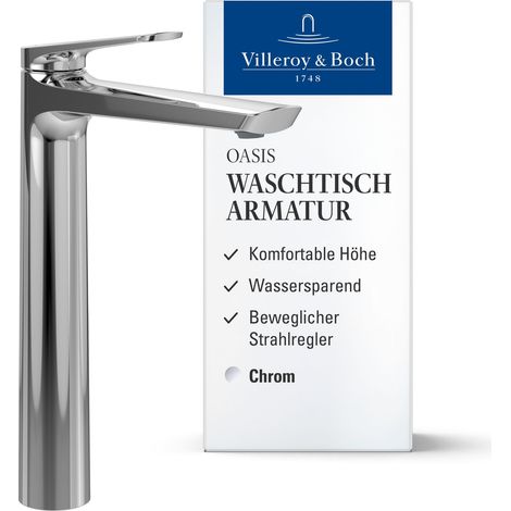 Villeroy & Boch Oasis Waschtischarmatur erhöht, ohne Ablaufgarnitur, Wasserhahn Bad mit Keramikkartusche, Waschbeckenarmatur wassersparend, Auslauf Höhe 245mm, rund, Chrom (1/5)