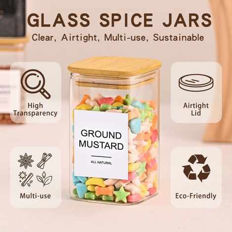 Verre borosilicate et bambou Conservation saine 18 pots à épices carrés 240ml pour poivre et poudres d'assaisonnement (1/5)