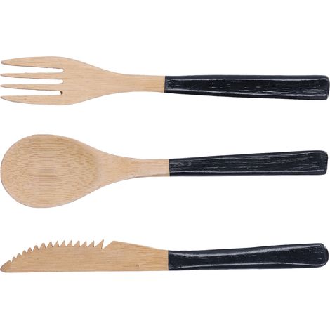Ensemble de 3 couverts japonais en bois, sans BPA, comprenant cuillères, fourchettes et couteaux, pour la cuisine (noir). (1/5)