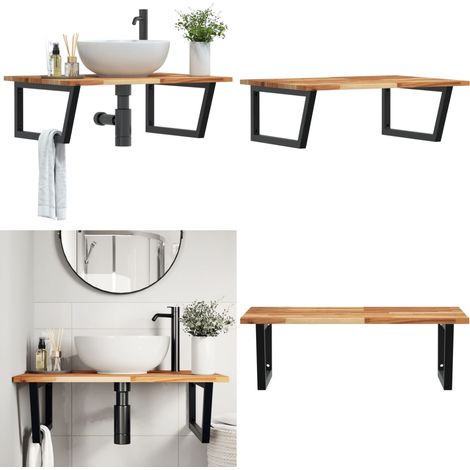 Estante de lavabo de pared acero y madera maciza de acacia - Estantería de pared - Estantería de acero