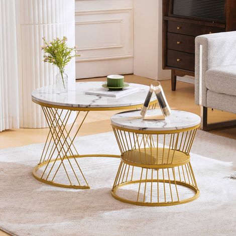 Lot de 2 tables gigognes rondes plateau marbre brillant structure métal doré salon (1/5)