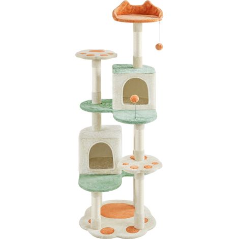 Yaheetech Albero Tiragraffi per Gatti 165 cm Cuccia per Gatto 2 Pompon, Piattaforma di riposo, Trespolo, Posatoio, Giocattoli Beige e Verde