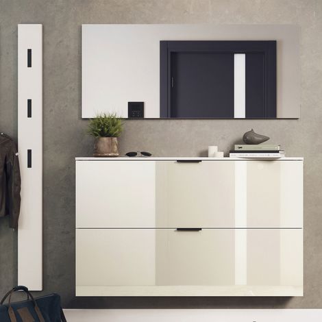 Meuble à chaussures 2 portes écru + miroir + porte manteau - VELIA