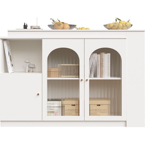 Meuble bar pivotant 360° blanc avec portes vitrées, rangement multifonction en MDF pour cuisine, salle à manger et salon, CHICFURN (1/5)