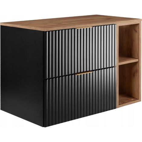 Rodan Waschbeckenunterschrank 80 cm, Schwarz Matt mit brauner Ablage und Waschtischplatte, 46 x 80 x 57 cm, feuchtraumgeeignet