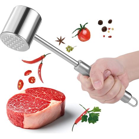 Attendrisseur de Viande en Acier Inoxydable Marteau à Viande Marteau à Steak Marteau à Double Face pour Attendrir la Viande pour Steak Poulet Argenté Côtelettes (1/5)