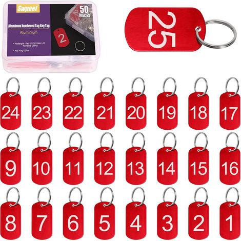 50 pezzi di targhette numeriche rettangolari rosse in alluminio da 1 a 25 con kit di portachiavi assortiti, targhette portachiavi in metallo con targhette numerate per la codifica (1/5)
