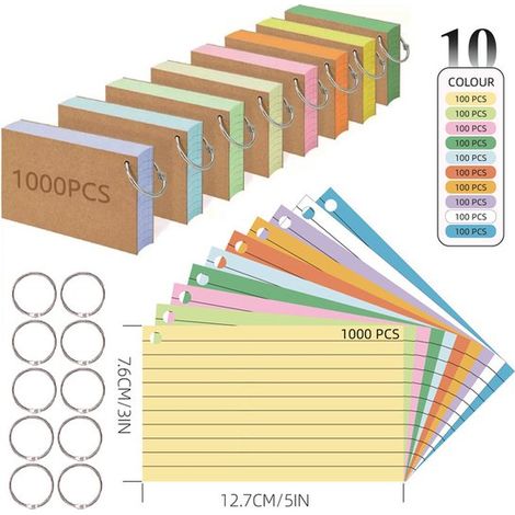 Lot de 1000 fiches A8 – 10 couleurs – Mémos, recettes – Avec anneaux – École, bureau, maison – Organisation (1/5)