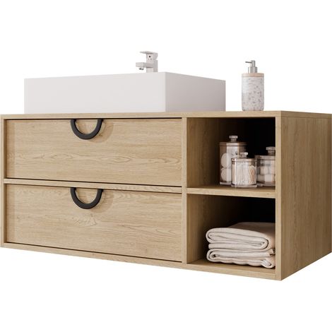 Armario de baño colgante para lavabo Sodalis, Roble, Montada en la pared, Número de puertas: 0, 45x100x47cm, Aglomerado laminado, Número de cajones: 2 (1/5)