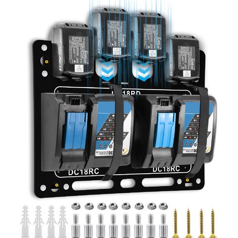 Support mural pour 14,4 V/18 V pour 4 batteries + 2 perceuse-visseuses + chargeur DC18RC/DC18RD - Montage mural en métal - Pour atelier et garage (1/5)