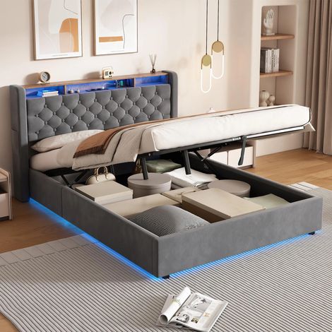 Lit coffre 140x200 cm - Cadre de lit, avec tête de lit rabattable, espace de rangement, éclairage LED et prise électrique - gris foncé - sans matelas (1/5)