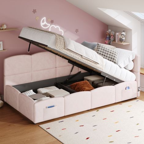 Polsterbett 90x200 cm mit hydraulischem Stauraum und USB-Anschluss, Schlafsofa Jugendbett aus Samt mit Lattenrost und Seitentaschen, rosa (1/5)