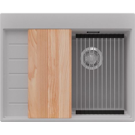PRIMAGRAN Evier Cuisine en Granit 62x50cm,Lavabo 1 bac + Kit de Vidage + Accessoires, Évier à Encastrer au meuble 40cm - Sydney, Gris (1/5)