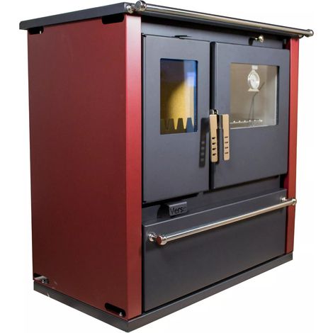 Estufa de leña con horno de inox, placa superior metálica, salida de humos a la izquierda y paneles laterales pintados en bordo Verso CS - 7.7 kW, Versátil y Eficiente (1/4)