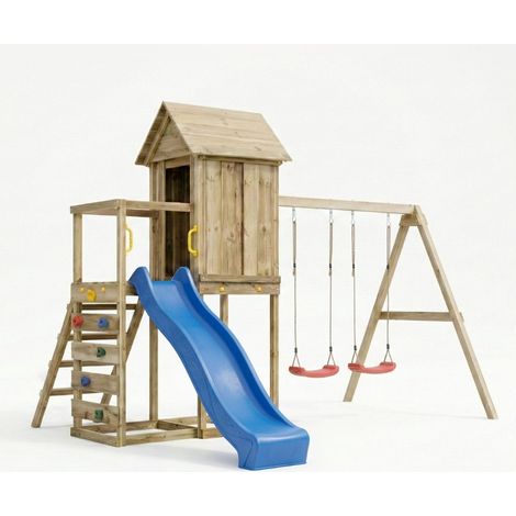 Casetta rialzata per bambini in legno Maxplay 5 con scivolo blu, doppia altalena e arrampicata (1/5)