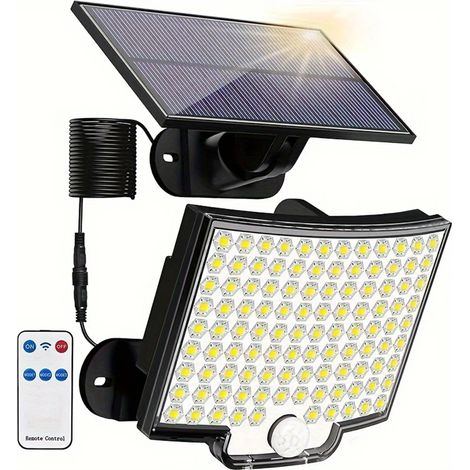 Projecteur solaire extérieur à 106 LED avec panneau séparé, 3 modes d'éclairage, compatible avec jardin, garage, éclairage horticole et applique murale. (1/5)