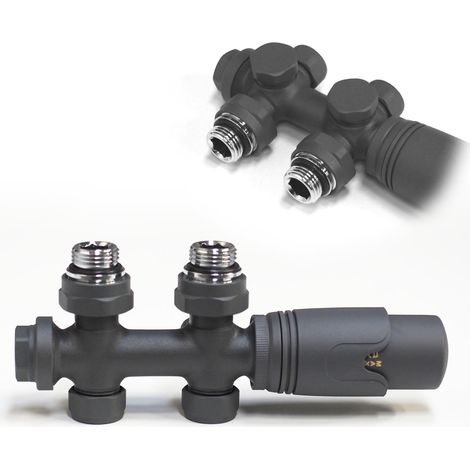 WITEN&NOCK Multiblock Set Hahnblock Heizkörperventile Nabenabstand 50 mm Mittelanschluss Armatur Eck- und Durchgangsform Anthrazit