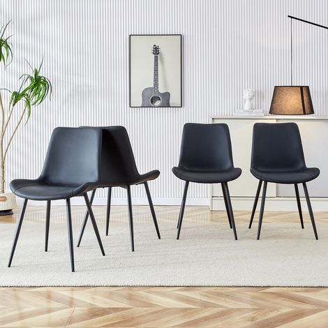 Lot moderne de 4 chaises noires en similicuir PU avec piètement métallique - Assises spacieuses et dossiers confortables pour salle à manger, bureau à domicile et salon. (1/4)